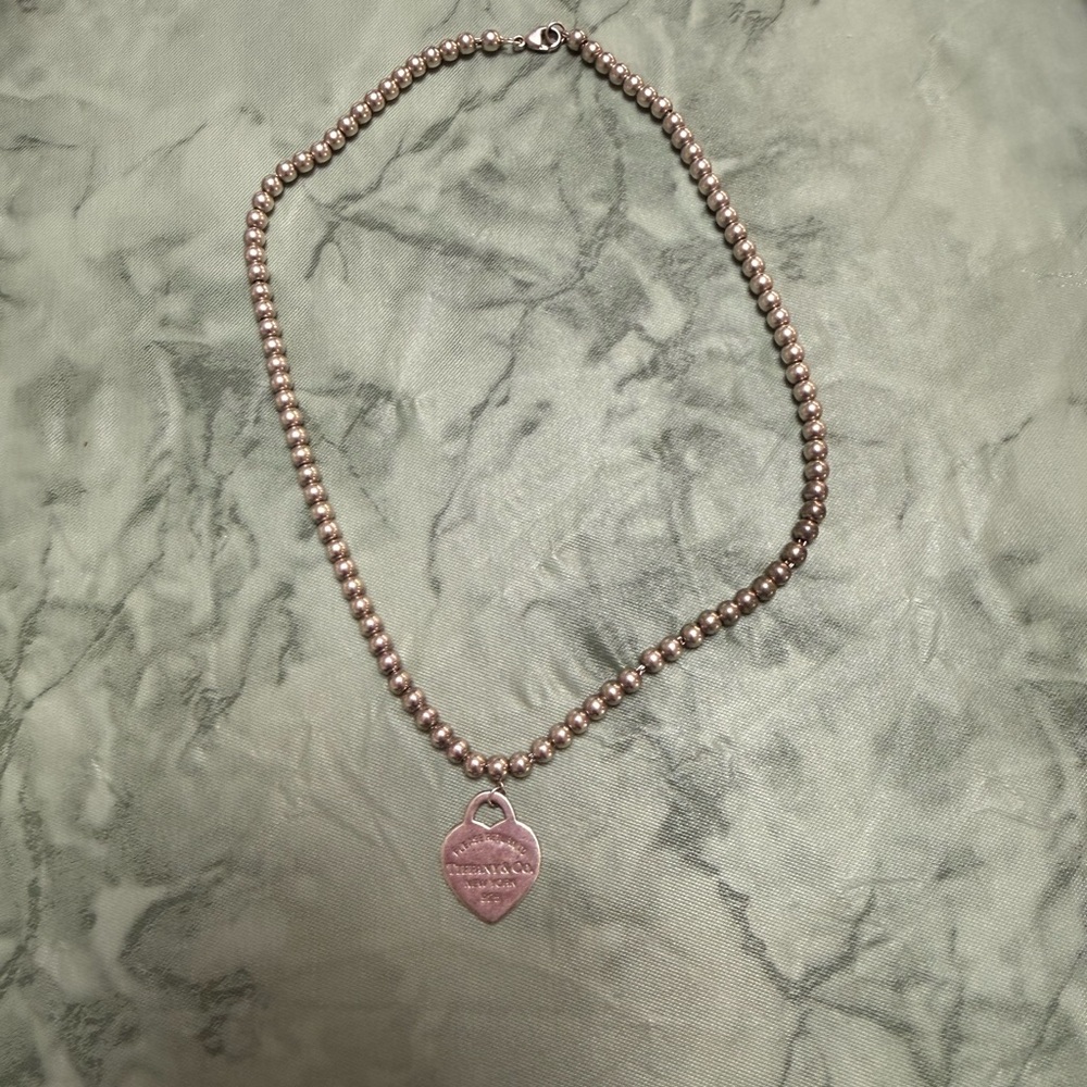 Tiffany & Co. Silver Bead Necklace with Heart Tag